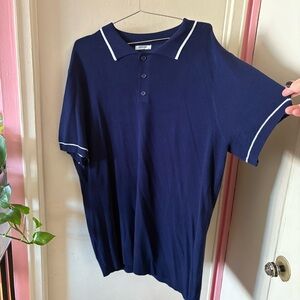 Coofandy Navy Blue Knit Polo T-shirt with White Piping Details